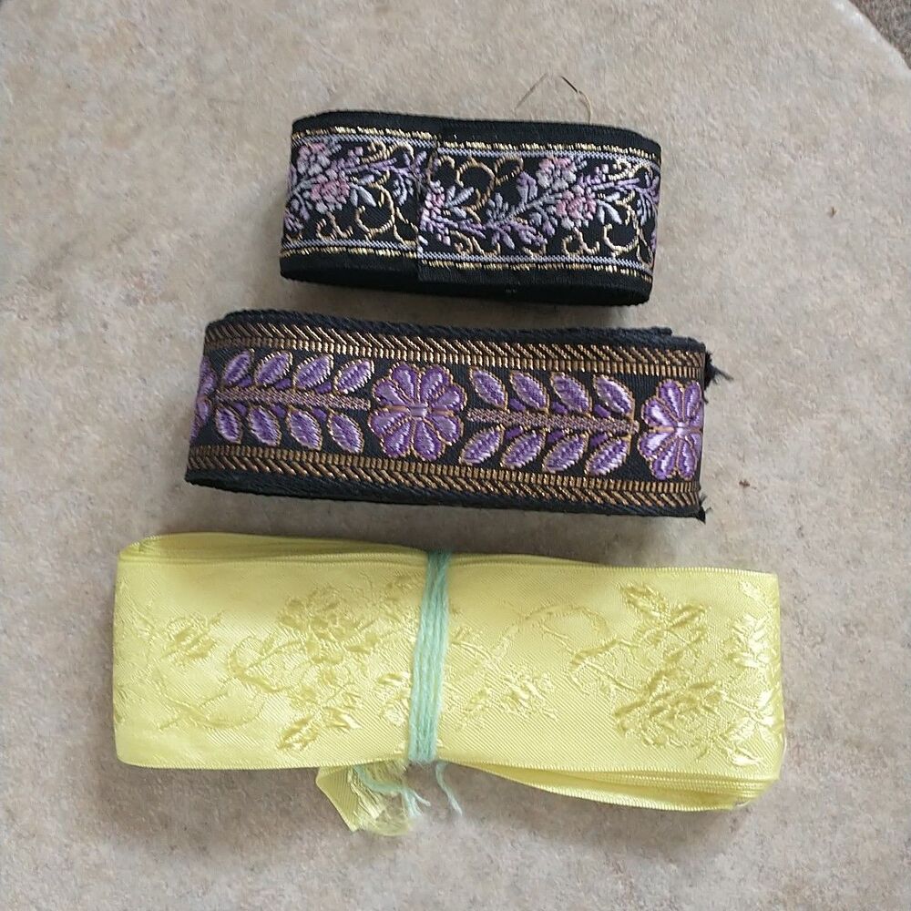 Vtg Jacquard Embroidered Ribbon Trim Floral Embroidered Lot Of 3